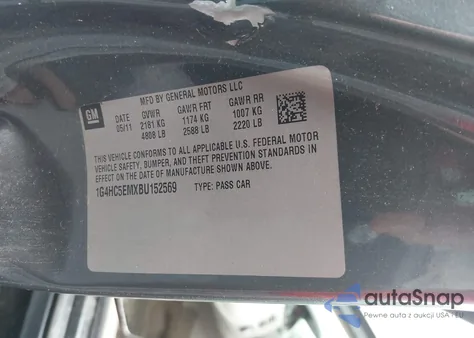 2011 Buick Lucerne Cxl z USA, uszkodzony, nr VIN 1G4HC5EMXBU152569